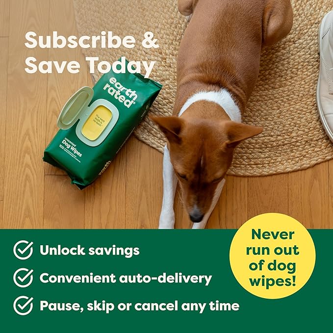 Earth Rated Hypoallergenic Pet Wipes for Dogs & Cats, Cleaning and Odor-Controlling Grooming for Paws, Body, and Butt, Unscented, 100 Count