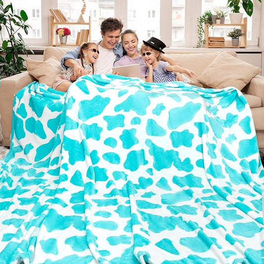 Queen Size Blanket Blue Cow Print Soft Throw Blanket Cozy Fleece Blankets for Adults