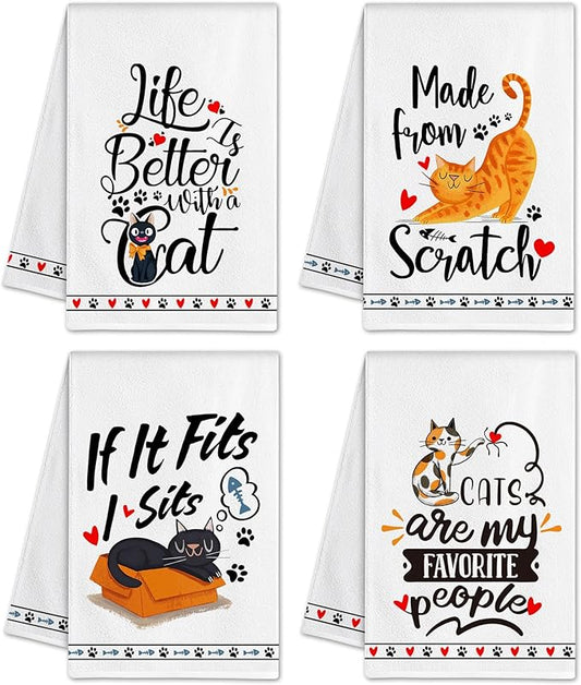 Hexagram Cat Kitchen Towels Set of 4, Funny Cat Mom Gifts for Women Lover, Cute Dish Hand Towels for Housewarming Kitchen Decor