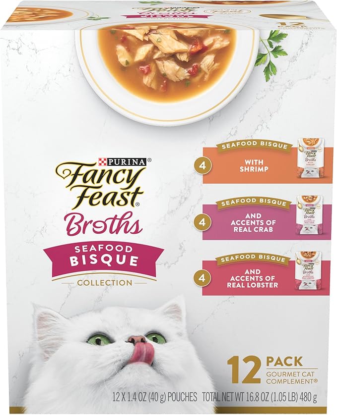 Purina Fancy Feast Broths Seafood Bisque Complement Lickable Grain Free Wet Cat Food Variety Pack - (Pack of 12) 1.4 oz. Pouches