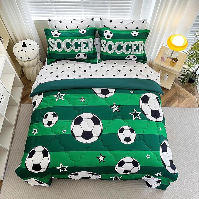 7 Piece Boys Soccer Comforter Set Queen Size Bed in A Bag 3D Football Playground Sports Bedding Set for Kids Microfiber Comforter All Season Green