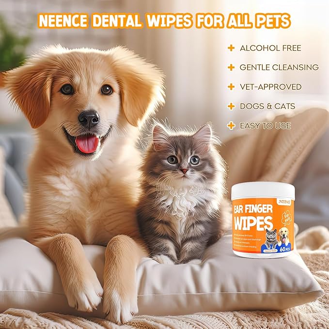 NEENCE Ear Finger Wipes for Dogs & Cats,Dog Ear Cleaner Finger Wipes, Soothing Cleansing Deodorizing Ear Care Wipes for Cat and Dog, Effectively Remove Ear Wax for Dogs & Cats(60Pcs, Coconut)