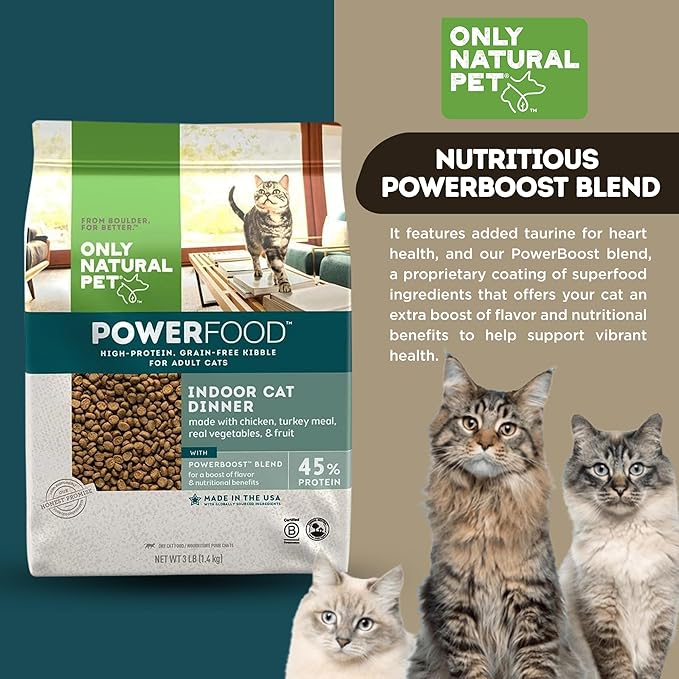Only Natural Pet Powerfood Poultry Indoor Cat Dinner Dry Food - High-Protein Grain Free Kibble for Adult Cats, Made in USA and Supports Skin & Coat, Heart, & Immune Health, 3 Lb Bag