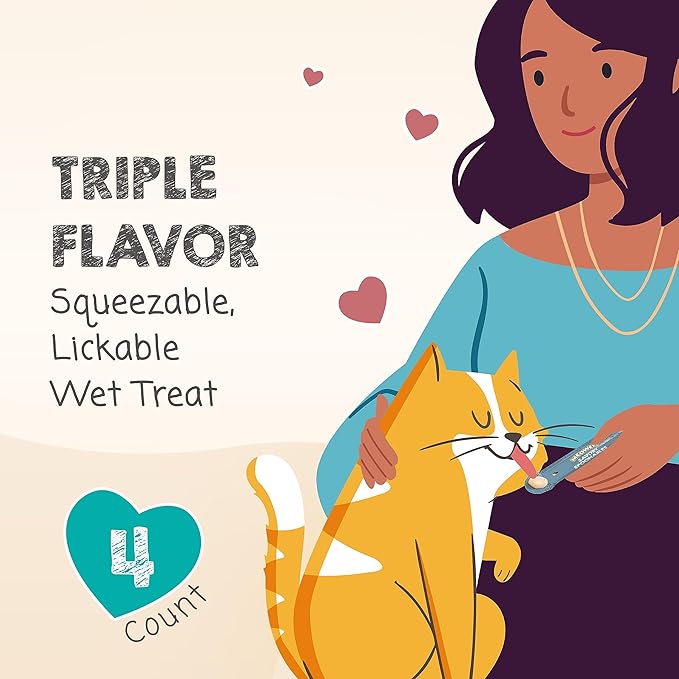 Savory Spoonables with Real Tuna, Chicken & Duck, 4 Count Tube, Triple Flavor Squeezable Lickable Wet Treats for Cats with Built-in Spoon for Less Mess