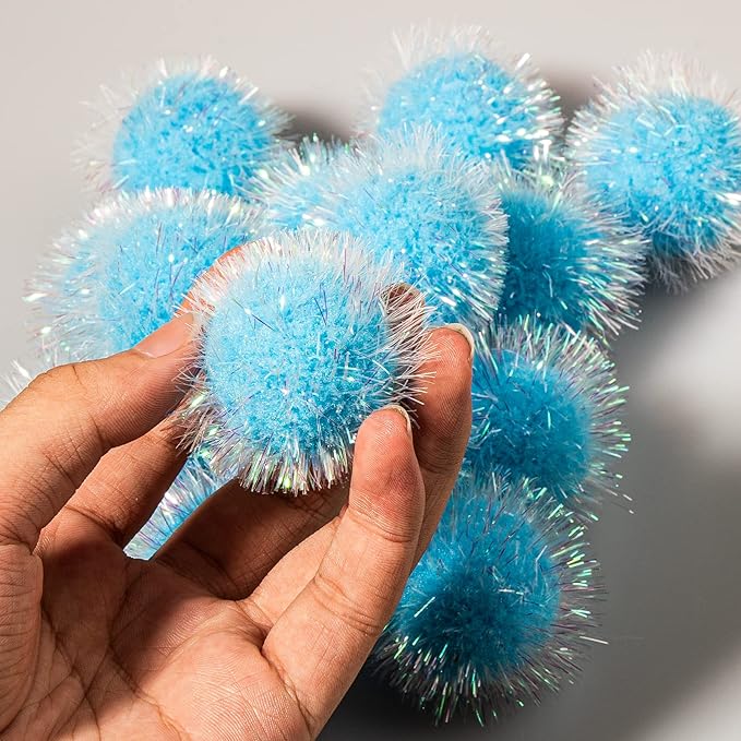 VAPKER 30 Pcs Cat Ball Toys Sparkle Balls Extra Large 2 Inch Cat's Favorite Chase Glitter Ball Glitter Tinsel Pom Poms Balls Light Blue Color