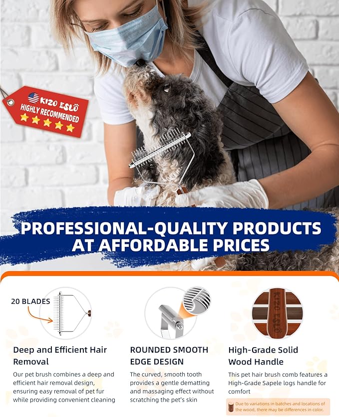 Dog Brush for Shedding 20 Blade Dematting Tool Pet Brush, Undercoat Rake for Large Medium Small Dogs and Cats, Shedding Dog Comb for Grooming, Premium Wood Handle, Efficiently Detangle and Groom Coats