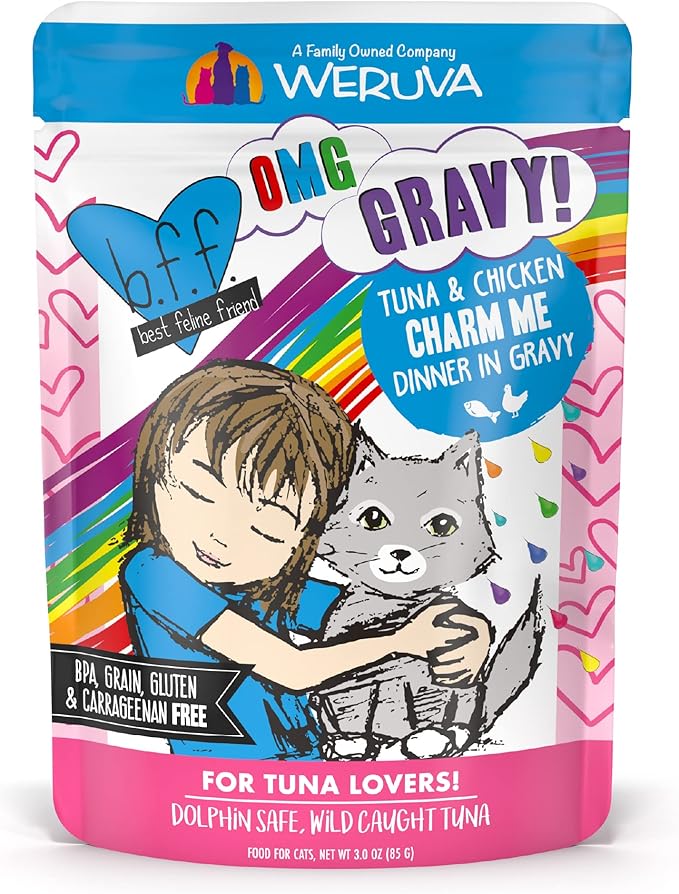 Weruva B.F.F. OMG - Best Feline Friend Oh My Gravy! Tuna & Chicken Charm Me with Tuna & Chicken in Gravy Cat Food, 3oz Pouch (Pack of 12)