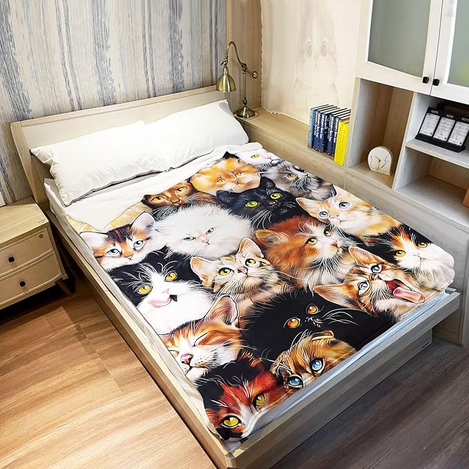 60" x 80" Blanket Comfort Warmth Soft Plush Throw for Couch Cute Cats Breed Collage Pet