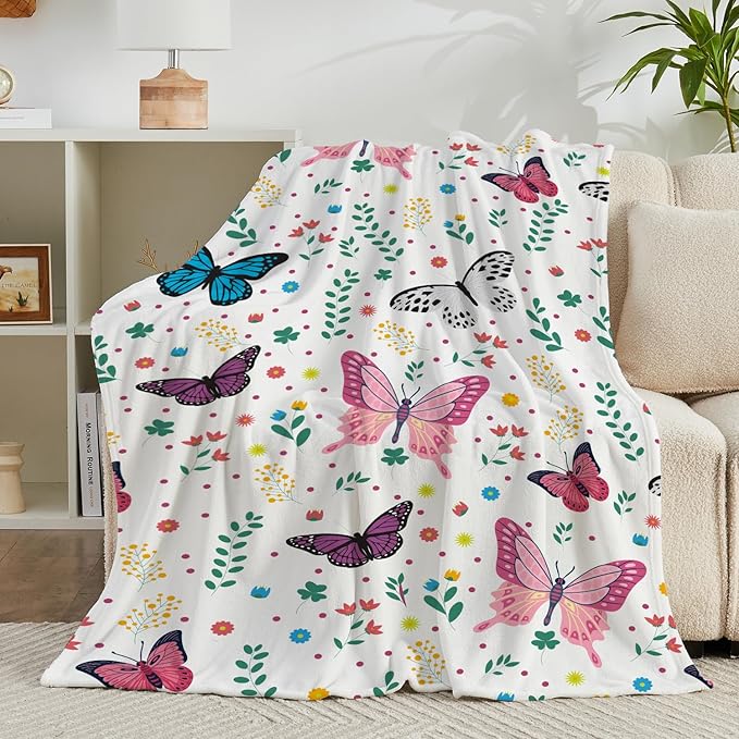 Butterfly Kids Throw Blanket for Girls Teens Toddler White Soft Fuzzy Flannel Bed Blanket Plush Butterfly Birthday Gifts for Women Girls Kids Teens Adults, 60”x80”