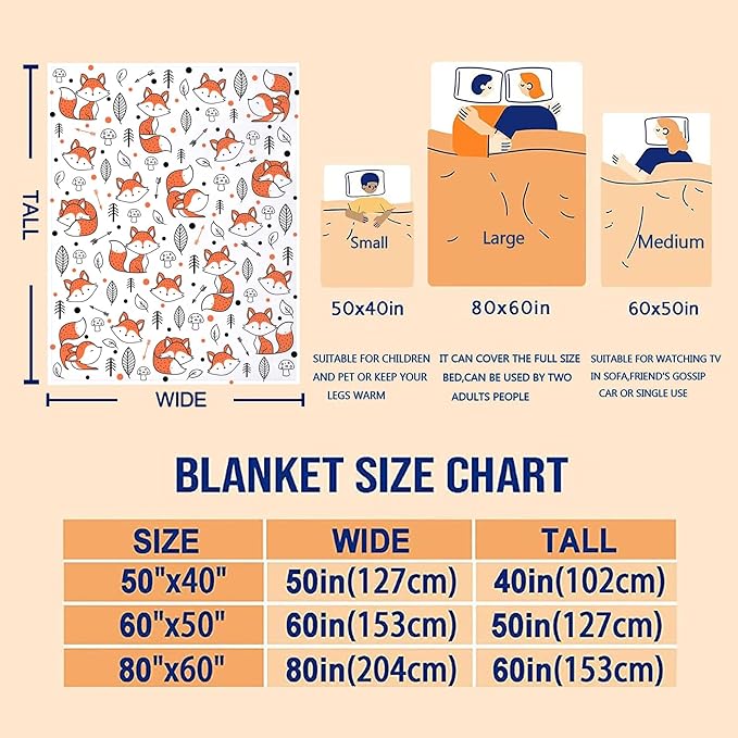 Cute Fox Blanket Super Soft Cozy Flannel Throw Blankets Bedding for Sofa Bedroom Living Room Kids Adults Gifts 80"x60"