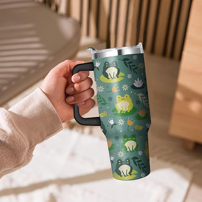 40 Oz Double Wall Frog Tumbler with Handle, Straw and Insulated Leak Proof Mug | Frog Gift for Women & Lovers
