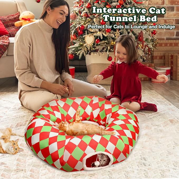 Large Cat Tunnel Bed Cat Peekaboo Cat Cave Donut with Washable Cushion Cat Tunnels for Indoor Cats Festive Decor Perfect for Small Medium Large Cats, Kittens, Rabbit, Ferret