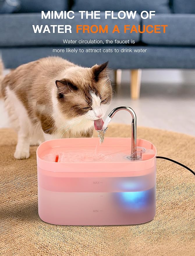 Cat Water Fountain, 84OZ/2.5L Cat Fountain, Super Silent Pet Water Fountain, Activated Carbon Filter, Translucent Pet Water Dispenser Suitable for Multiple Pets Family (Pink+4Filters+4Sponges)