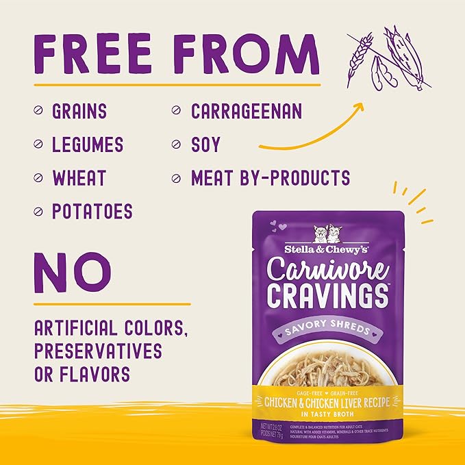 Stella & Chewy's Carnivore Cravings Wet Cat Food Pouches – Grain Free, Protein Rich Meal, Topper or Treat – Chicken & Chicken Liver Recipe (2.8 Ounce Pouches, Case of 24)