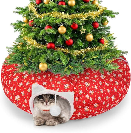 2.62ft x 2.62ft x 10.24in Christmas Cat Tunnel Bed Under Christmas Tree for Indoor Cat, Xmas Red Cute Cat Donut Tunnel with Washable Circle Cushion, Foldable Round Pet Tunnel Toy for Kitten