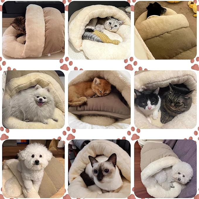 Cat Bed - Pet Slipper Cave Bed for Indoor Cats and Small Dogs, Self Warming, Cozy & Soft Plush, Anti-Slip & Durable, Washable for Kittens and Puppies Under 15 lbs (24"x16", M, Light Brown)