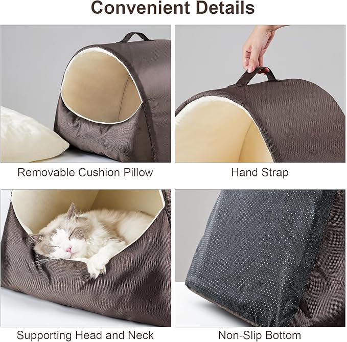 Cat Cave Bed for Kittens and Small Pets, Cat Beds for Indoor Cats, Memory Foam Cat House Tent with Removable Washable Cushioned Pillow, Cat Hideaway with Non-Slip Bottom, Coffee, Medium