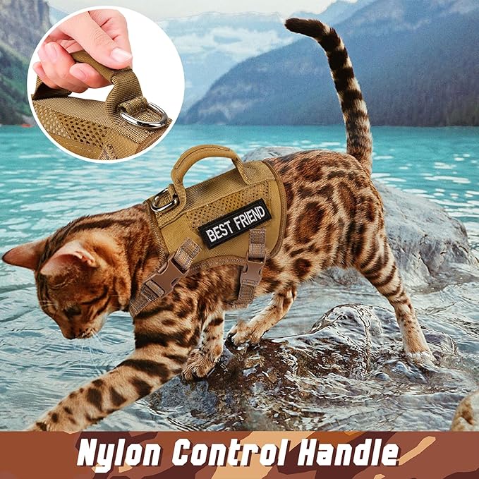 Tactical Cat Harness and Leash, Air Mesh Cat Walking Vest Harness Escape Proof, Reflective Large Cat Harnesses with Handle for Adult Fat Cats (AKhaki, L)