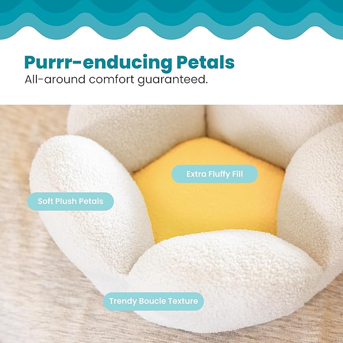 Catstages Purrfect Petals Washable Flower Shaped Round Cat Bed for Indoor Cats, Plush, White