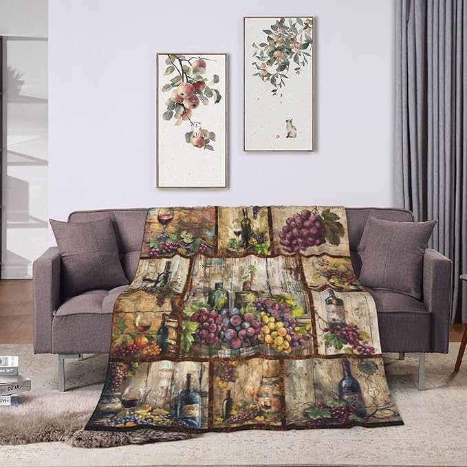 Wine Blanket Retro Wine Throw Blanket Wine Grape Stuff Merch Cozy Print Flannel Fleece Soft Plush Fuzzy Warm Lightweight Bedding Wine Gifts for Dad Women Girls Men 50"X40"