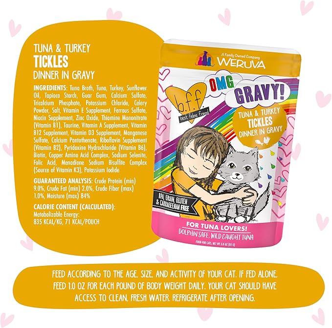 Weruva B.F.F. OMG - Best Feline Friend Oh My Gravy!, Tuna & Turkey Tickles with Tuna & Turkey in Gravy Cat Food, 3oz Pouch (Pack of 12)