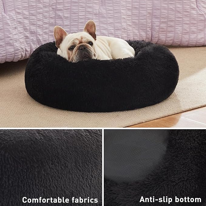 Love's cabin 24in Cat Beds for Indoor Cats - Cat Bed with Machine Washable, Waterproof Bottom - Black Fluffy Dog and Cat Calming Cushion Bed for Joint-Relief and Sleep Improvement