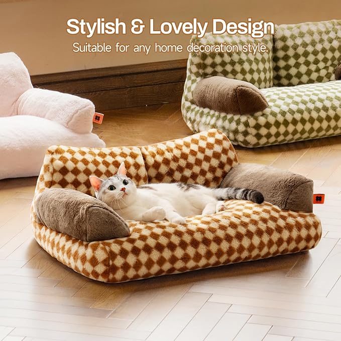 MEWOOFUN Cat Couch Bed for Indoor Cats, Washable Small Dog Beds for Medium Small Dogs & Cats up to 25 lbs, Fluffy Pet Beds with Non-Slip Bottom, 26×19×13 Inch (Brown)