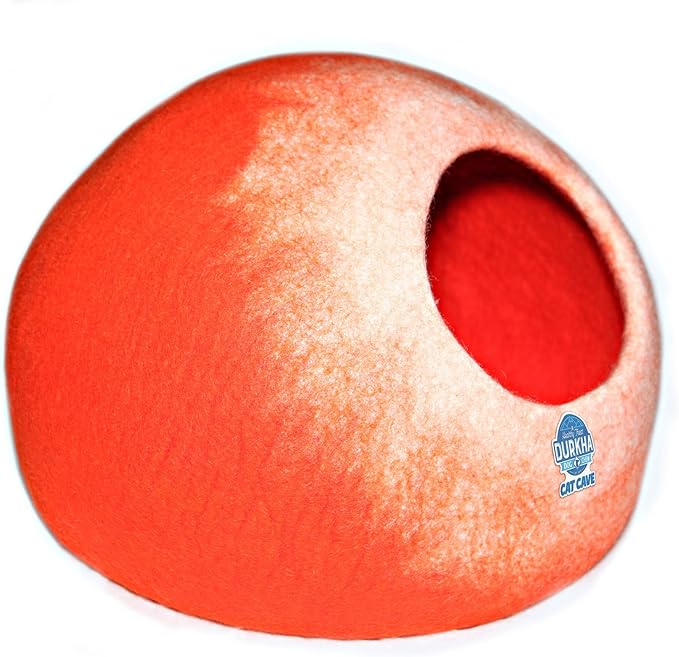 Felt Cat Cave Bed, Handmade Covered Cat Bed Cave, Wooly Cave for Cats, Dome Shaped Cat Pod, Cat Beds & Furniture, Felt Cat Beds for Indoor Cats (Orange and White)