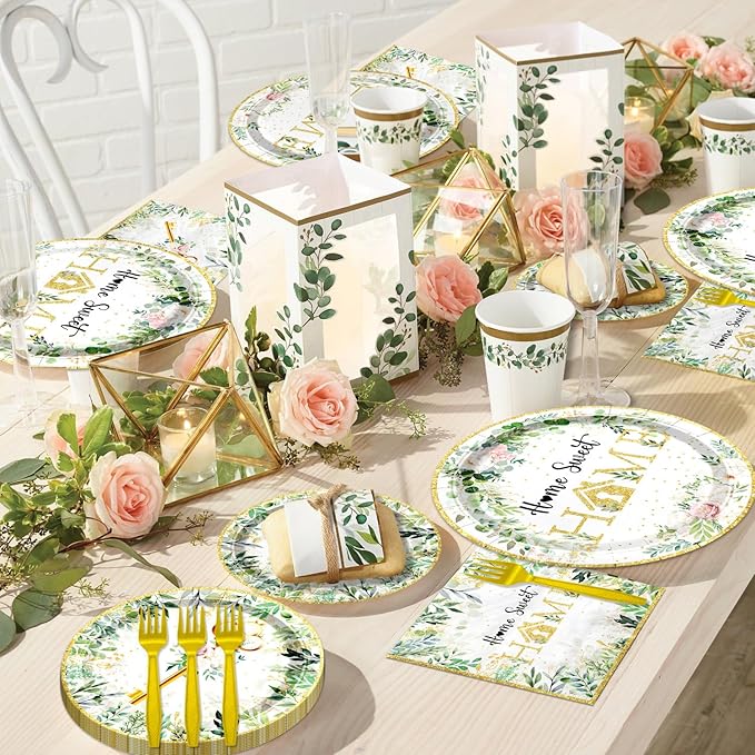 96PCS House Warming Party Decorations Home Sweet Home Tableware Set Rustic Floral Paper Plates Napkins Dinnerware Dessertware Forks Serves 24