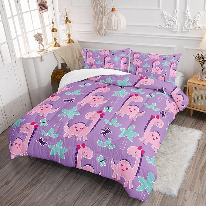 Axolotl Cute Dinosaur Comforter Set Twin Size,Girls Bedding Cartoon Dinosaur Bedding Set for Girls Teens Kids Boys Adults Room Decor,Kids Comforter Set All Season,1 Quilt 2 Pillow Cases,Purple