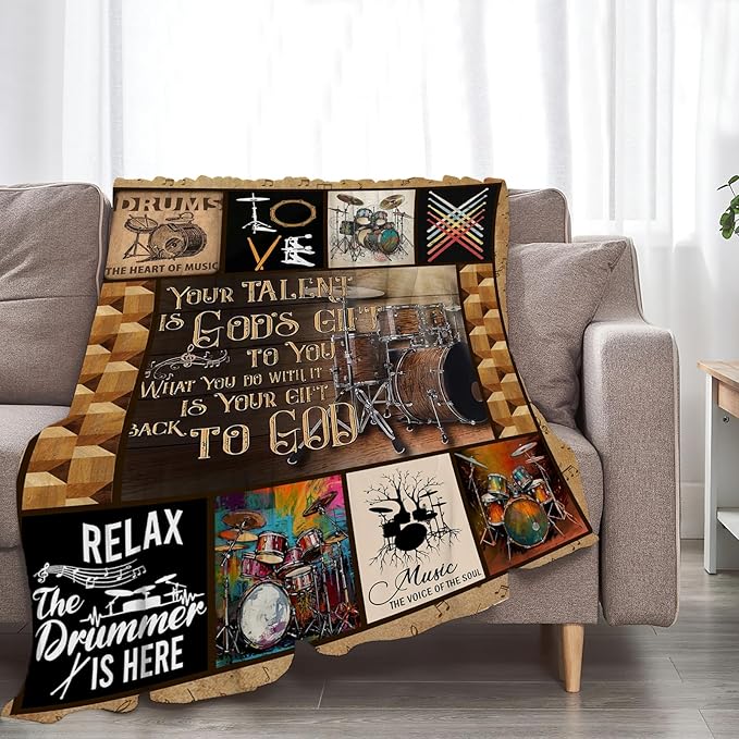 Rock Music Blanket Ultra Soft Cozy Drum Set Kit Throw Blanket Fleece Fuzzy Plush Bedding Vintage Musical Instrument Lovers Gifts for Women Girls Kids Adults 50"x40"
