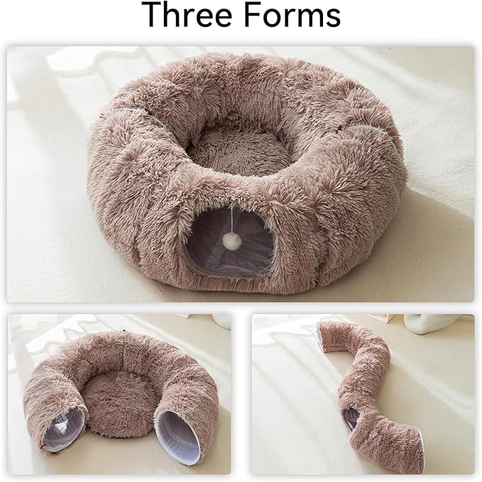 HIPIPET Winter Plush Cat Tunnel with Cat Bed for Indoor Cats,Multifunctional Cat Toys for Small Medium Large Cat.(Light Brown)