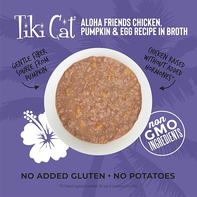 Tiki Cat Aloha Friends, Chicken, Pumpkin & Egg, Grain-Free & High Moisture, Wet Cat Food for All Life Stages 2.5 oz. Pouch (Pack of 12)