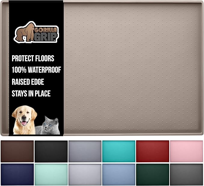 GORILLA GRIP 100% Waterproof Raised Edge BPA Free Silicone Pet Feeding Mat, Dog Cat Food Mats Contain Spills Protects Floors, Placemats for Cats and Dogs Water Bowl, Pets Accessories 28x18 Beige