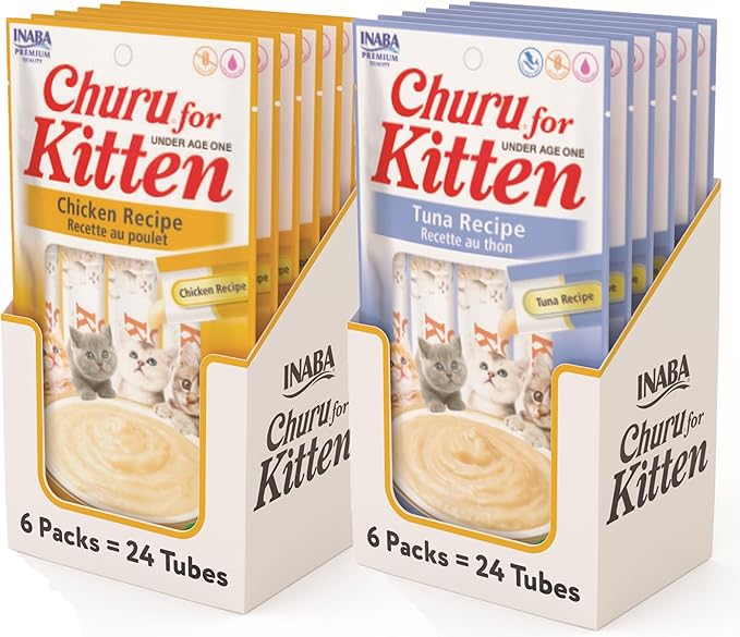 INABA Churu for Kittens, Creamy, Purée Lickable Cat Treats with DHA, EPA, Vitamin E & Taurine, 0.5 Ounces Each, 48 Tubes (4 per Pack), Tuna and Chicken Variety