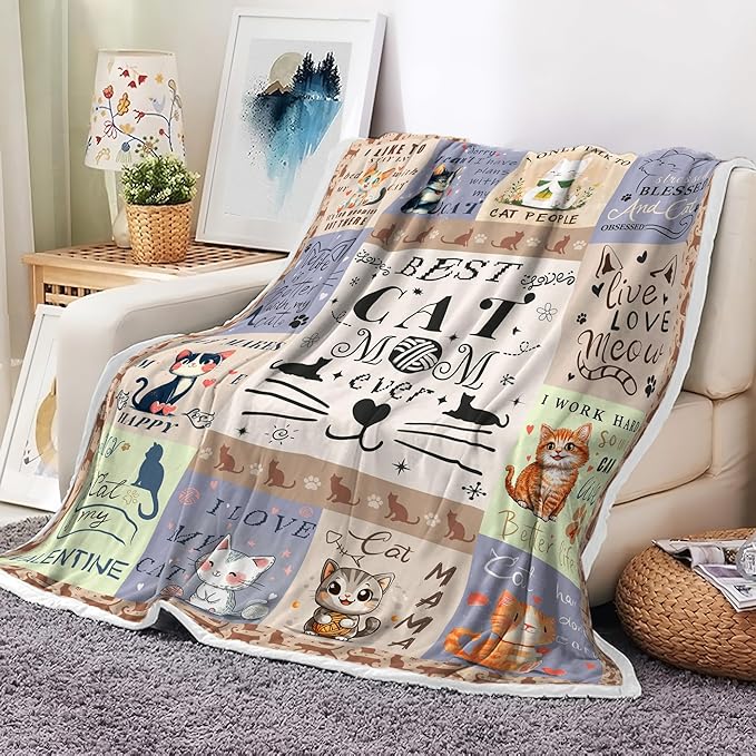 Cat Mom Gifts Throw Blankets for Women,Cat Mom Blankets Fleece Throw Blanket Cozy Soft Lightweight Couch Sofa Bed,Blue Blankets Bedding Gifts for Cat Lover for Mothers Day