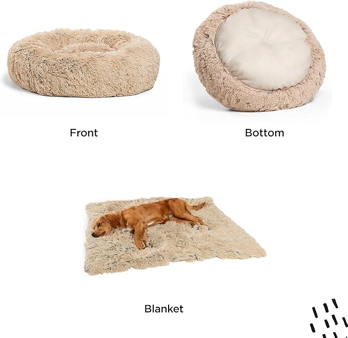Best Friends by Sheri Bundle Set The Original Calming Shag Donut Cuddler Cat and Dog Bed + Pet Throw Blanket Taupe Small 23" x 23"