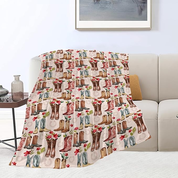 Western Cowboy Blanket Country Cowboy Boots Throw Blanket Super Soft Cozy Plush Lightweight Fleece Flannel Flower Decor Blanket Gifts for Girls Boys Women Men Adults for Sofa Couch 50"X60"