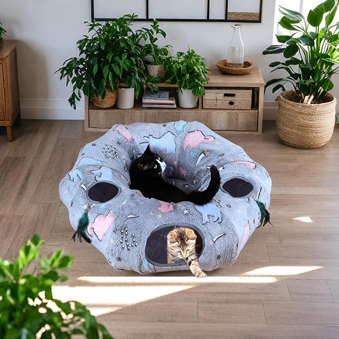 Cat Tunnel Bed,Cat Tunnel Bed with Soft Central Cat Couch,Cat Toys for Indoor Cats,Collapsible Peekaboo Cat Cave,Cat Donut Tunnel and Kitty Toy Set（Luminous，Donut）
