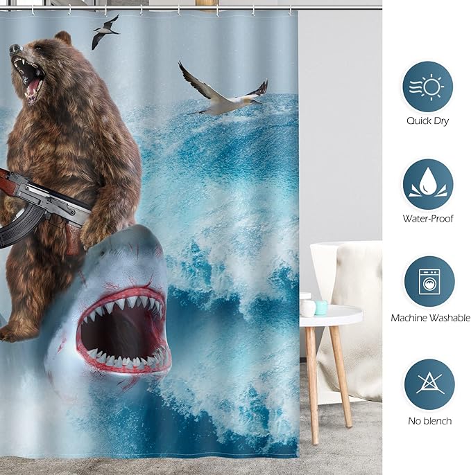 Aimego Extra Long Shower Curtain - Funny Cool Bear Riding Shark Crazy Ocean Wave Fabric Cloth Shower Curtain Set with 12 Hooks Adults Bathroom Decor Accessories Bathtub Curtain, 72"x84", Blue Brown