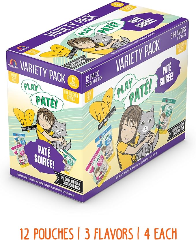 Weruva B.F.F. Play - Best Feline Friend Paté Lovers, Aw Yeah!, Paté Soiree! Variety Pack, 3oz Pouch (Pack of 12)