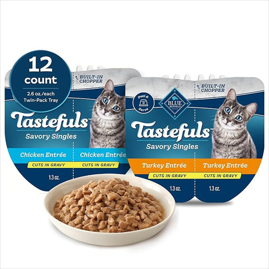 Blue Buffalo Tastefuls Savory Singles Variety Pack, Wet Cat Food in Gravy, 2.6-oz. Twin-Pack Trays, Chicken & Turkey Entreé (12 Count)