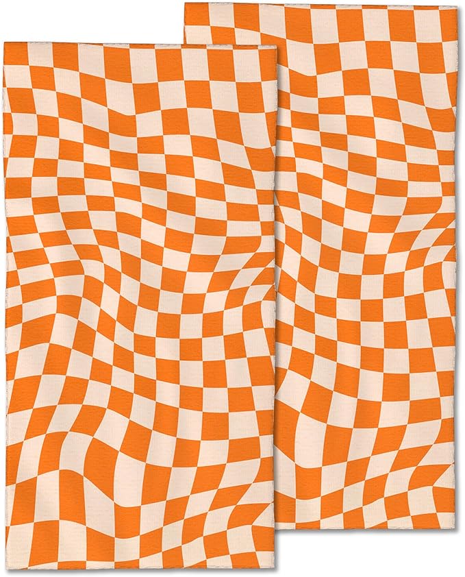 Retro Chess Board Hand Towels Set of 2,Orange Checker Soft Fingertip Bath Towel Small Face Washcloths Decor Kitchen Towel for Hotel Spa Gym Sport 28x14in