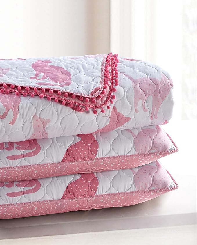 3 Piece Pink Cats Quilt Set with Mini Pom Poms, Full/Queen, Pink