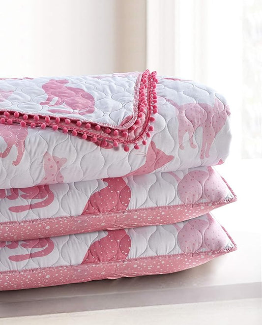 3 Piece Pink Cats Quilt Set with Mini Pom Poms, Full/Queen, Pink