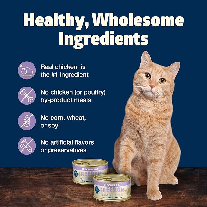 Blue Buffalo Freedom Grain-Free Adult Wet Cat Food, Complete & Balanced Nutrition for Indoor Cats, Made with Natural Ingredients, Chicken Recipe, 3-oz. Cans (24 Count)