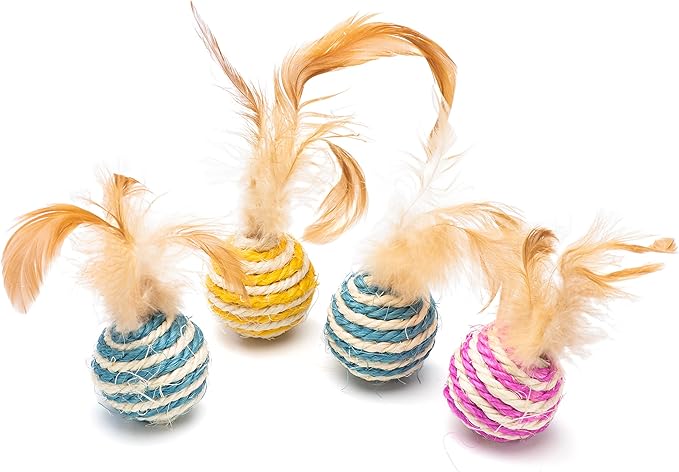 Cat Toy Feather Sisal Ball 4 Count，Mouse Catnip Cat Toys 6 Count- Handmade Cat Toys with Feathers, Scratch & Bite Resistant Sisal Balls for Cats (Random Color)