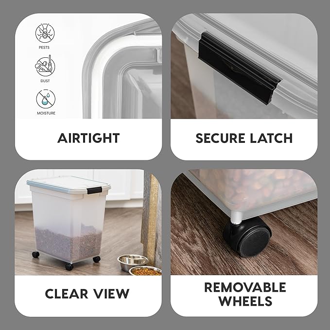 IRIS USA 50 Lbs WeatherPro Airtight Pet Food Storage Container with Removable Casters, for Dog Cat Bird and Other Pet Food Storage Bin, Keep Fresh, Clear/Gray
