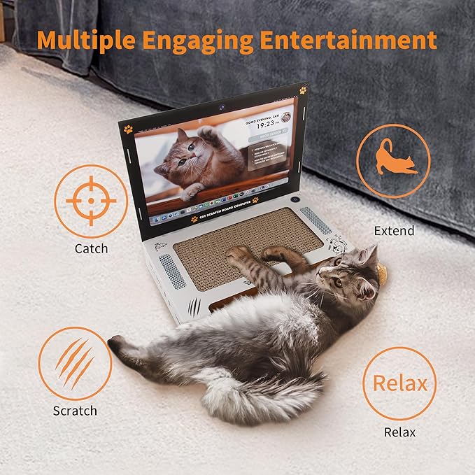 PETGEEK Cat Laptop Scratcher for Indoor Cats, 3-in-1 Interactive Cat Toys with Fluffy Mouse and Ball Track Pad, Kitten Toys & Cat Scratching Board