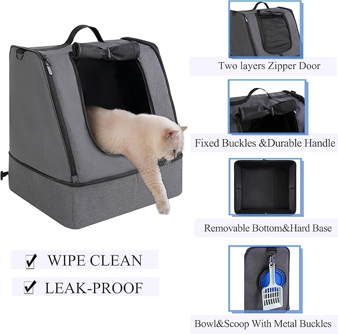 apollo walker Portable Cat Travel Litter Box with Zipped Waterproof Bag,No Collapse with Hard Base Insert at Bottom, No Leakage, No Smell, Easy to Carry, Easy to Use in Hotels, Car Gray